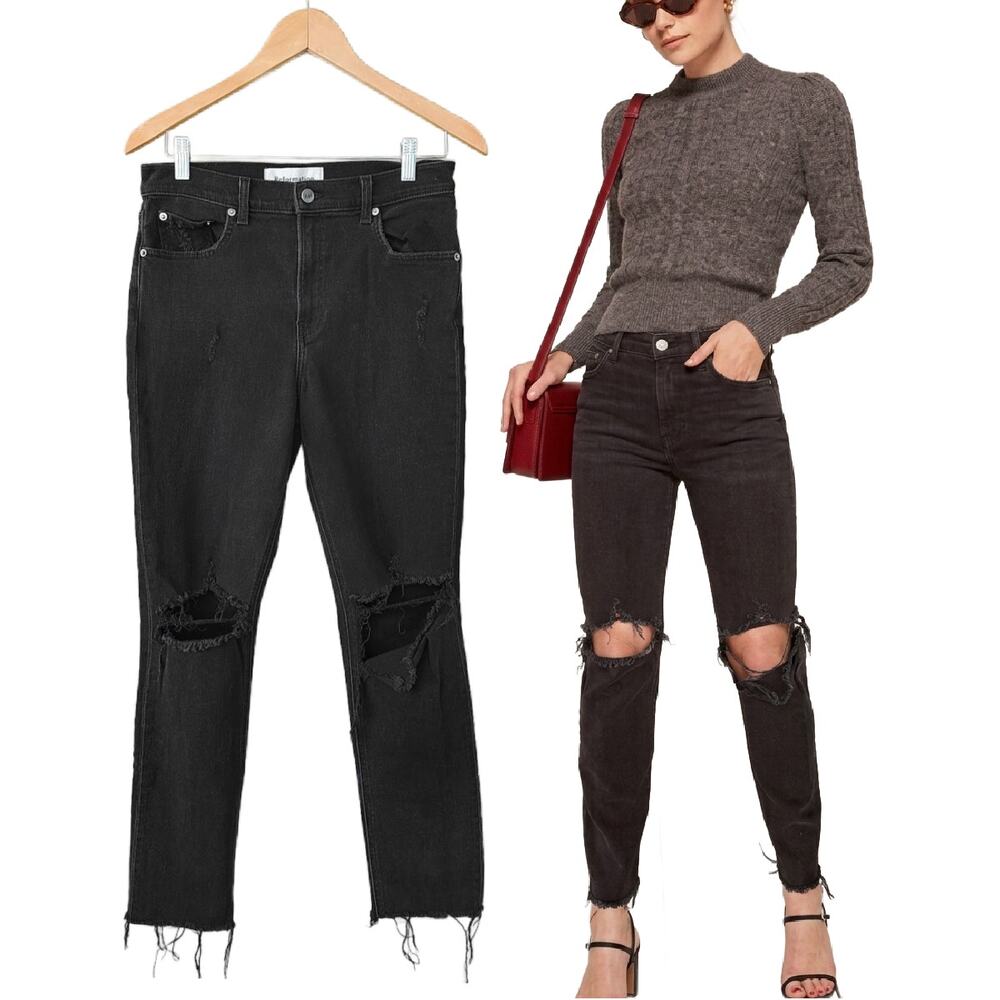 REFORMATION Camille Cigarette Jeans Size 29 Black Stretch Crop Destroyed